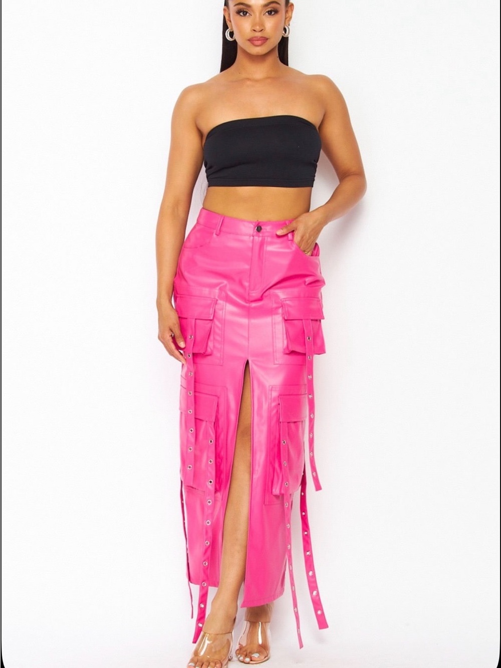 Faux Leather Hot Pink Cargo Maxi Skirt with Front Slit